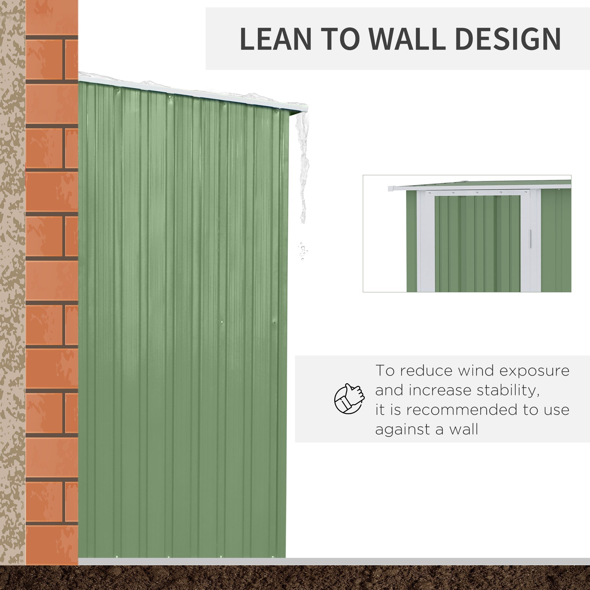 Green metal garden storage shed with vertical panels and sloped white roof includes foundation kit option