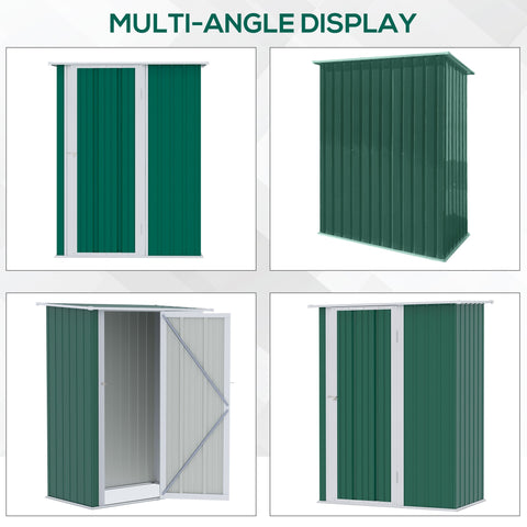 Green metal garden storage shed with white trim and sloped roof includes foundation kit for outdoor tools