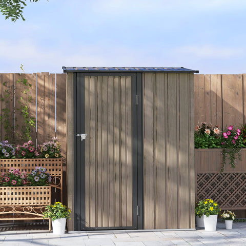 Outsunny 5ft x 3ft brown wooden-textured metal garden storage shed with sloped roof and lockable door frame foundation kit ready