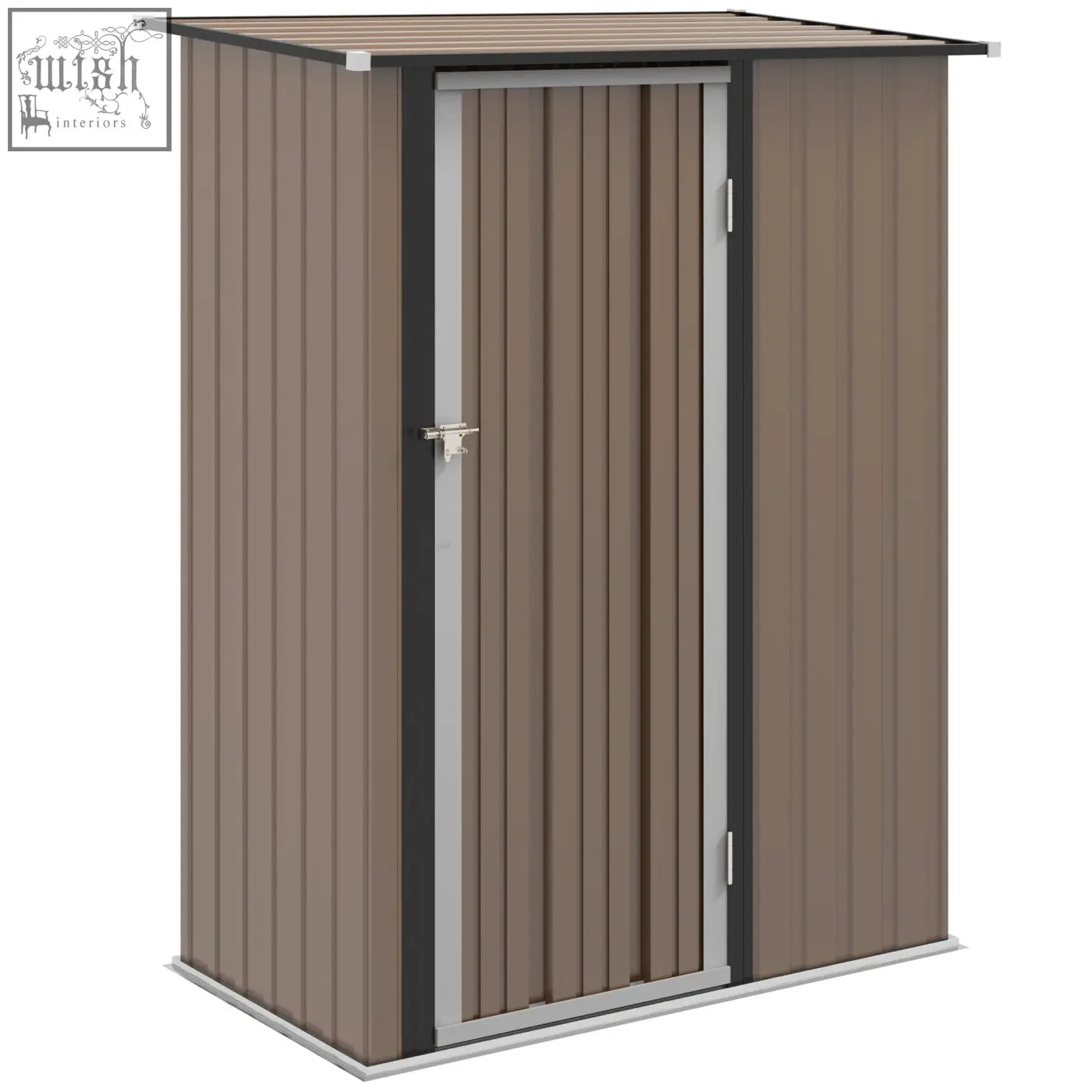 Brown corrugated metal garden storage shed with sloped roof and silver door frame perfect for outdoor tool storage