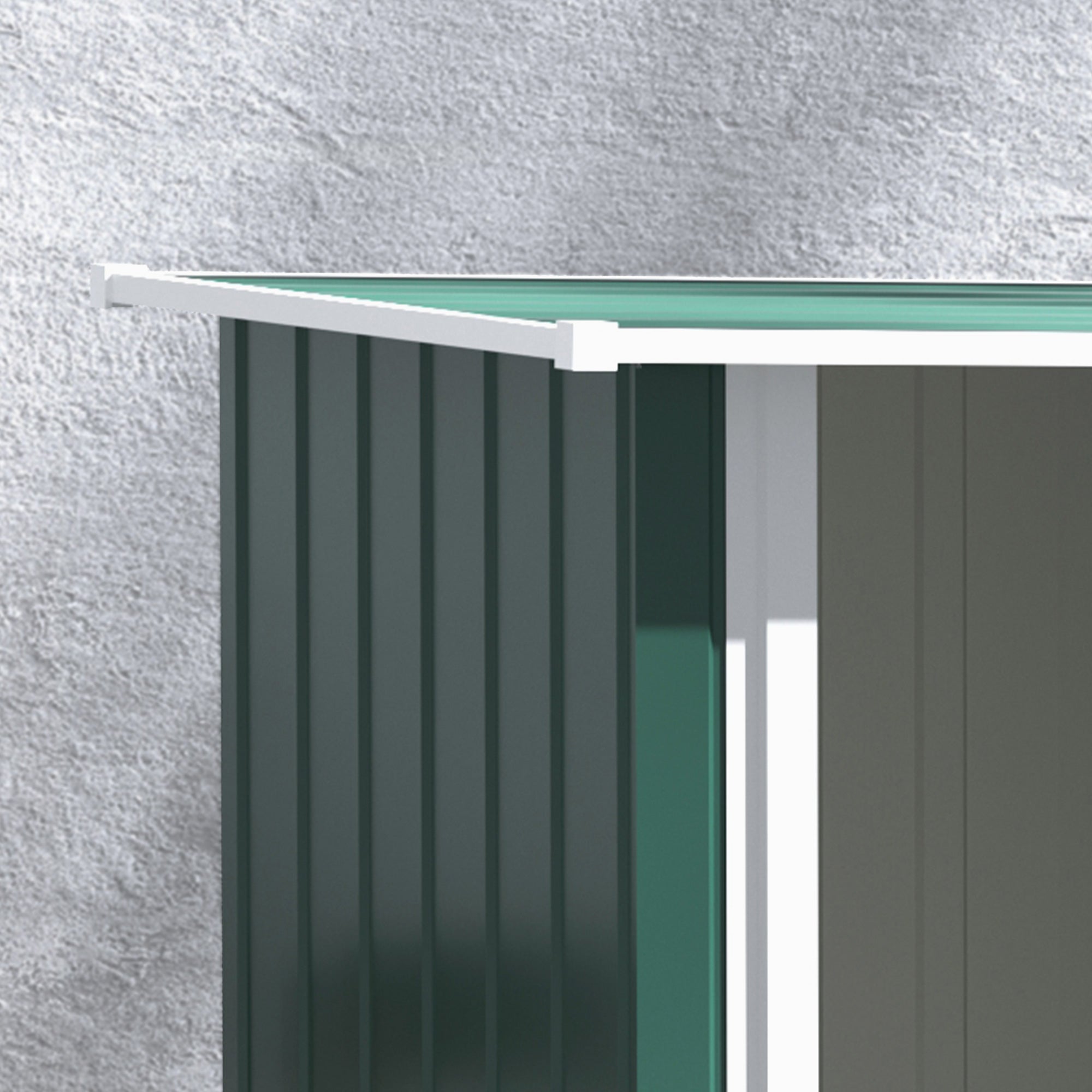 Green corrugated metal garden storage shed with white trim transparent sloped roof lockable door and foundation kit