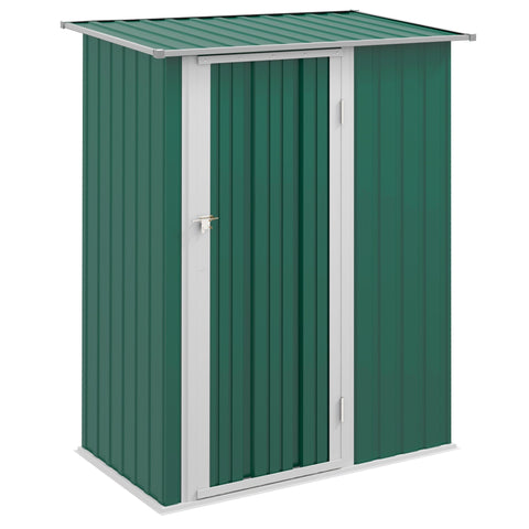 Green corrugated metal garden storage shed with sloped roof and white door frame ideal for tools with foundation kit