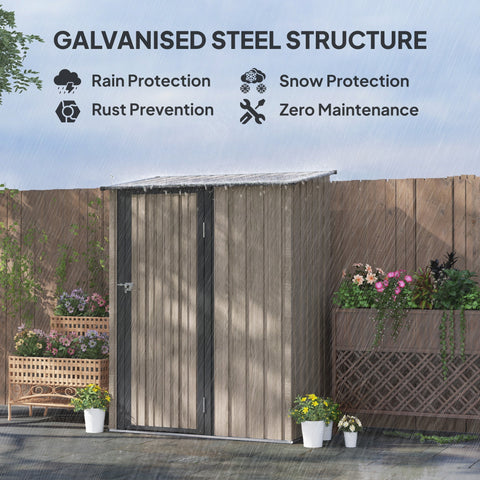 Weathered gray galvanized steel garden storage shed with sloped roof and black door handle ideal for outdoor use