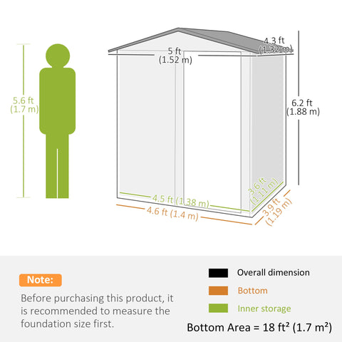 Outsunny 5ft x 4.3ft outdoor garden storage shed with grey wood effect, white body, orange bottom, and foundation kit included for easy access inside