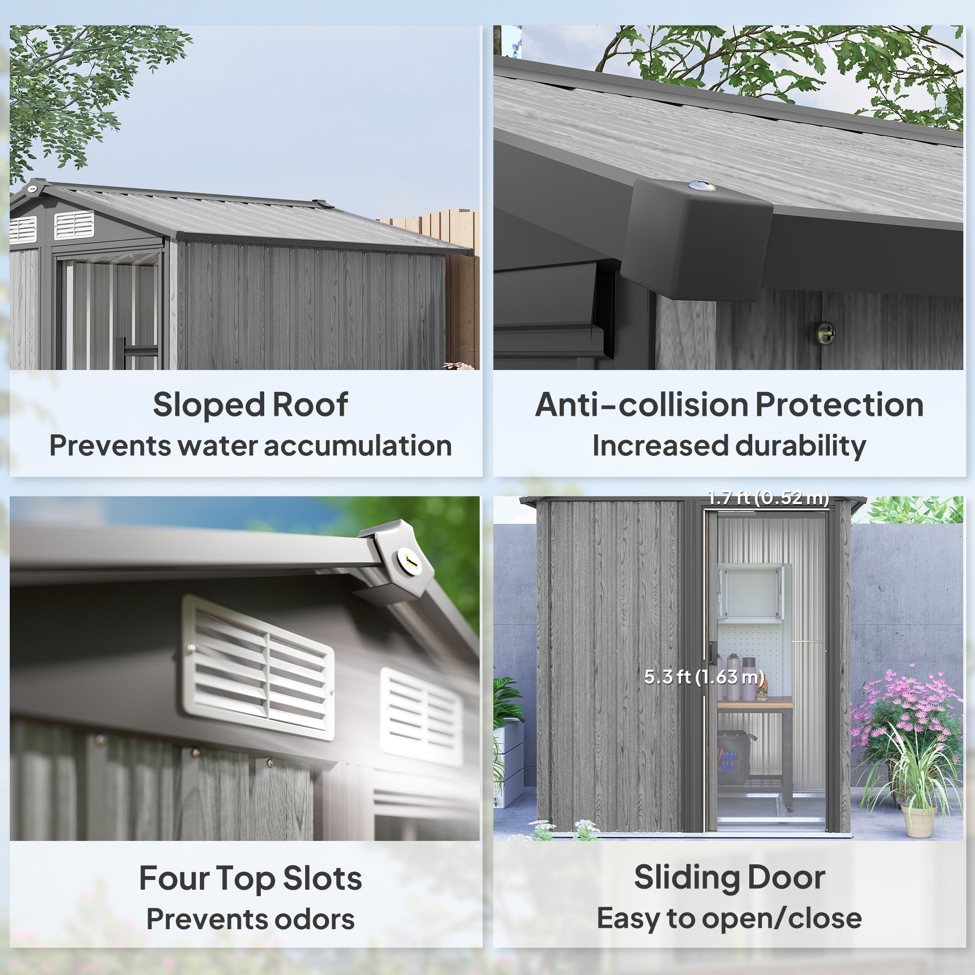 Gray metal outdoor garden shed with grey wood effect, sloped roof, sliding door for easy access inside, foundation kit included