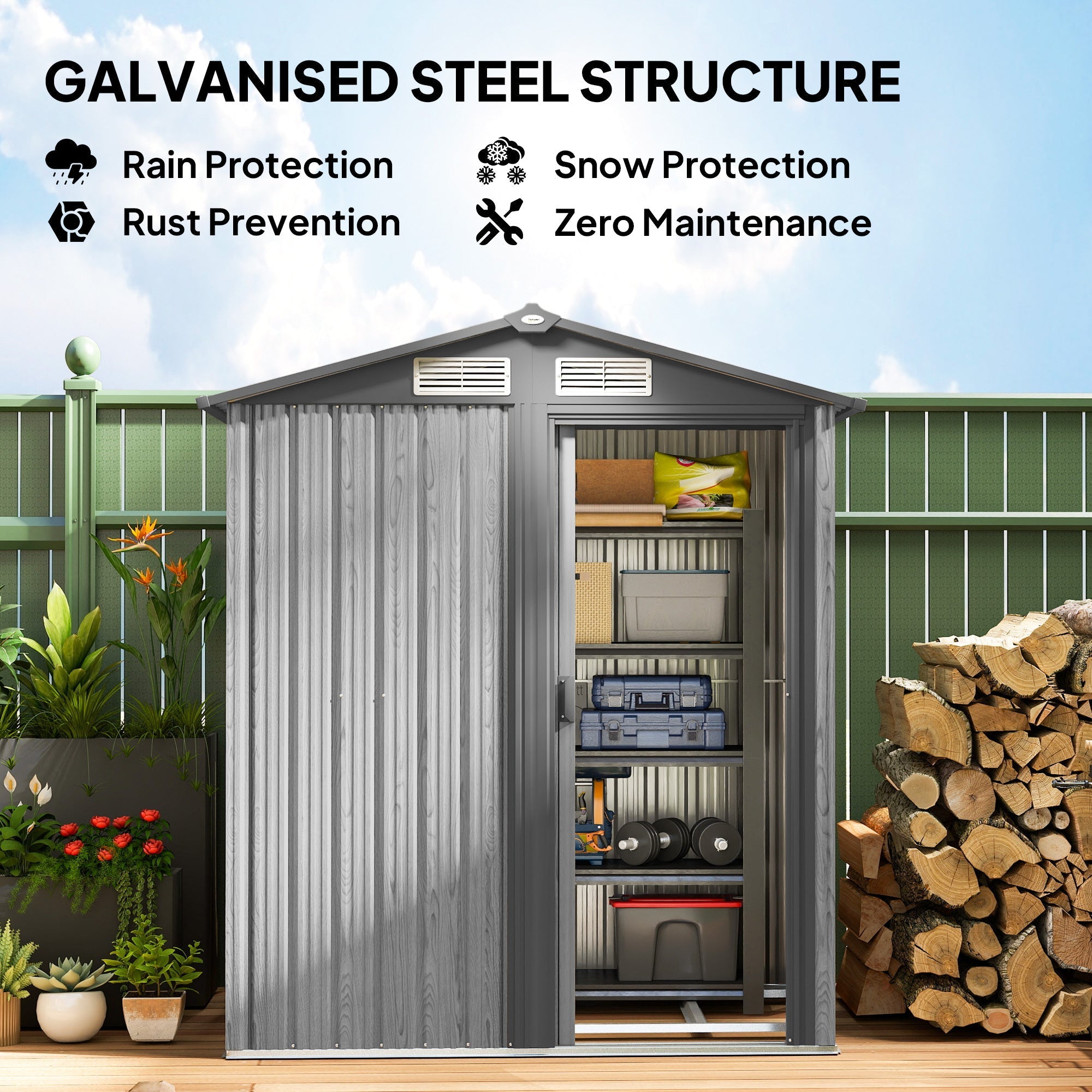 Outsunny grey wood effect galvanized steel garden shed with vertical panels slanted roof and foundation kit included