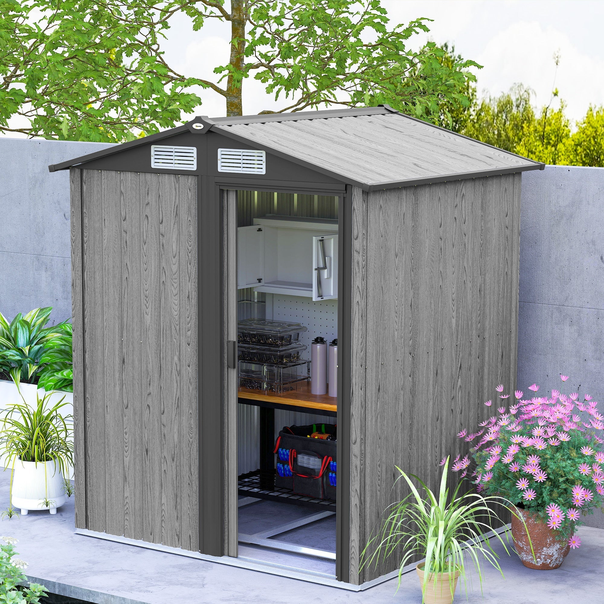 Outsunny grey wood effect garden storage shed 5ft x 4.3ft with open door to access inside easily foundation kit included