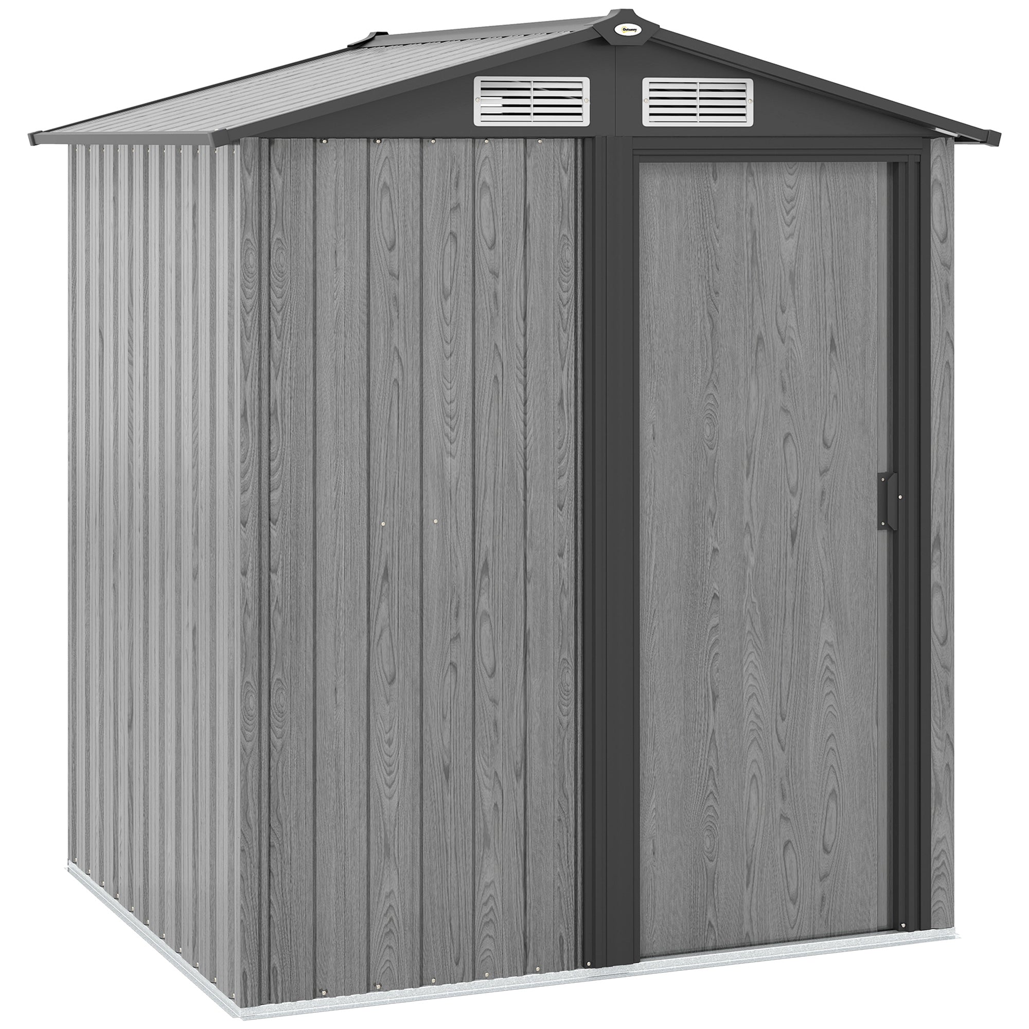 Outsunny 5ft x 4.3ft outdoor garden storage shed in grey wood effect with metal build and white vent grilles for easy access inside