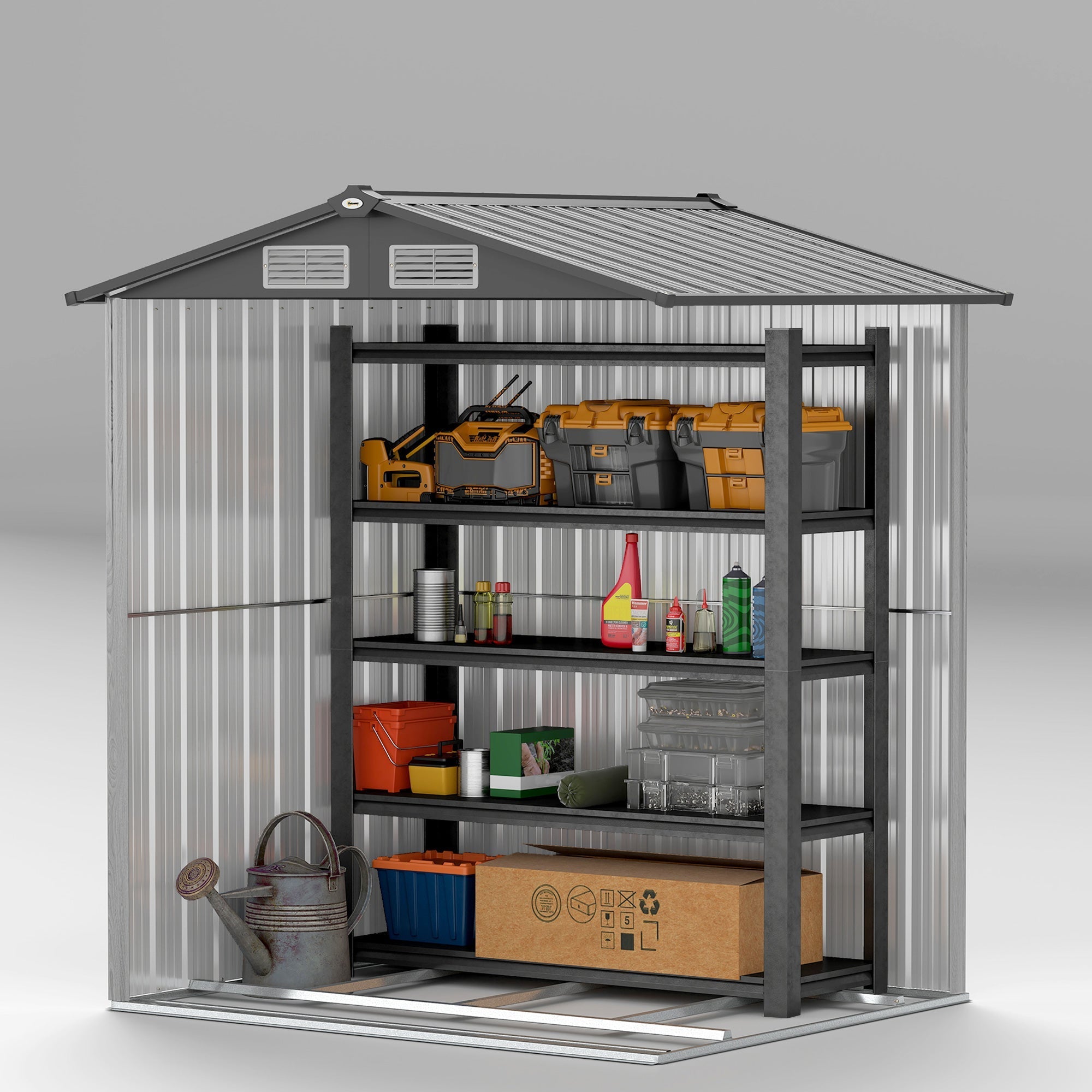 Gray metal outsunny 5ft x 4.3ft garden shed with grey wood effect, corrugated siding, black shelving, and foundation kit included