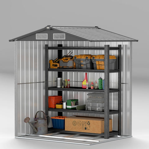 Gray metal outsunny 5ft x 4.3ft garden shed with grey wood effect, corrugated siding, black shelving, and foundation kit included