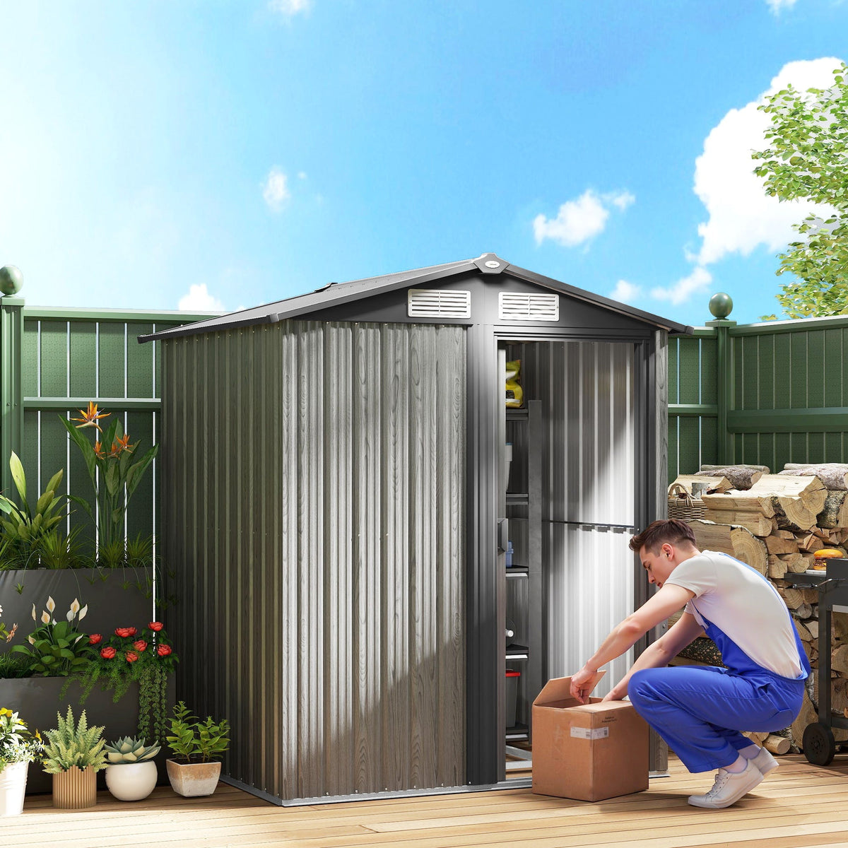 Gray corrugated metal outsunny garden shed with slanted roof and vented sides in grey wood effect for easy access inside