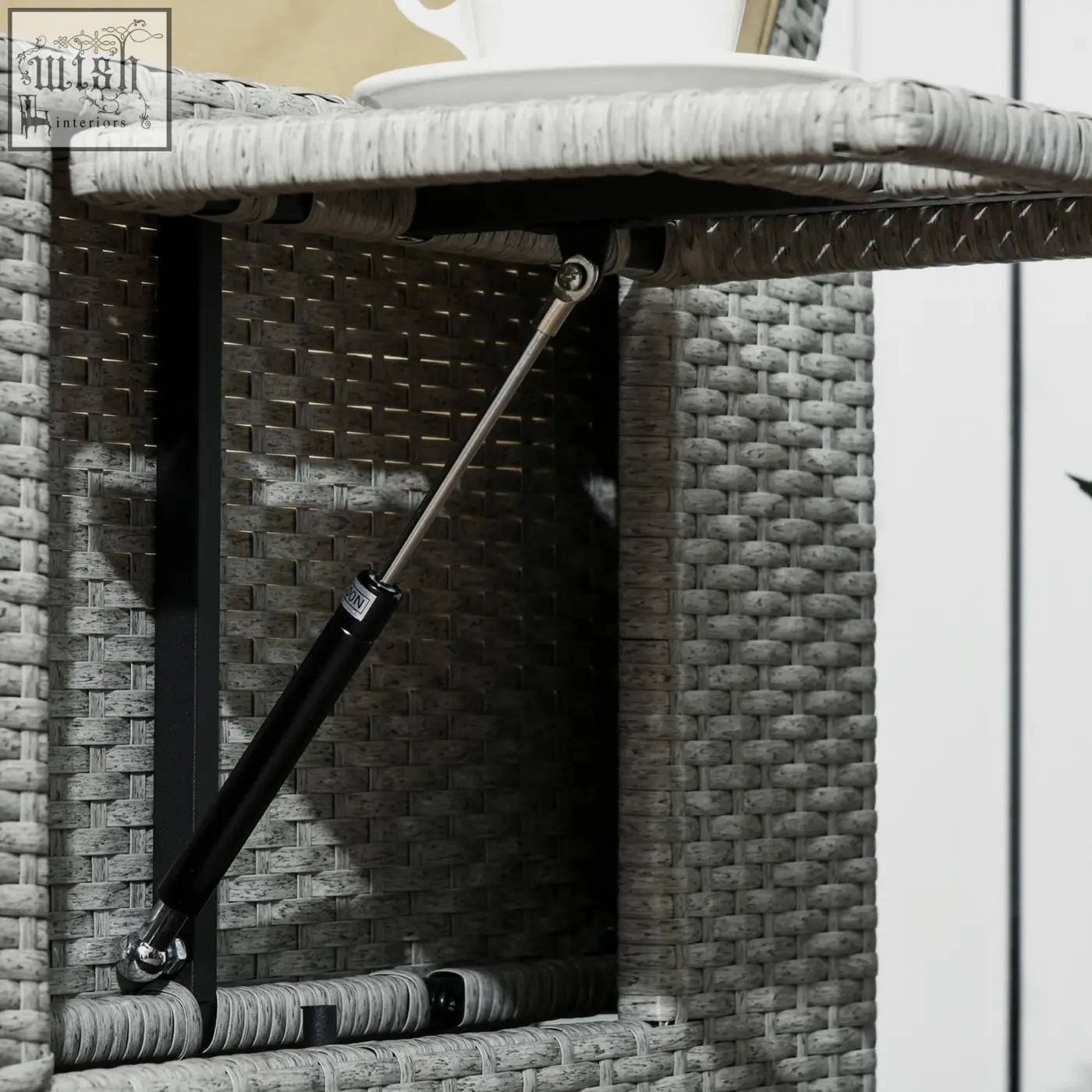 Gray woven wicker patio table with black gas spring support in outsunny beige pe rattan sun lounger with two reclining chairs and two storage footstools