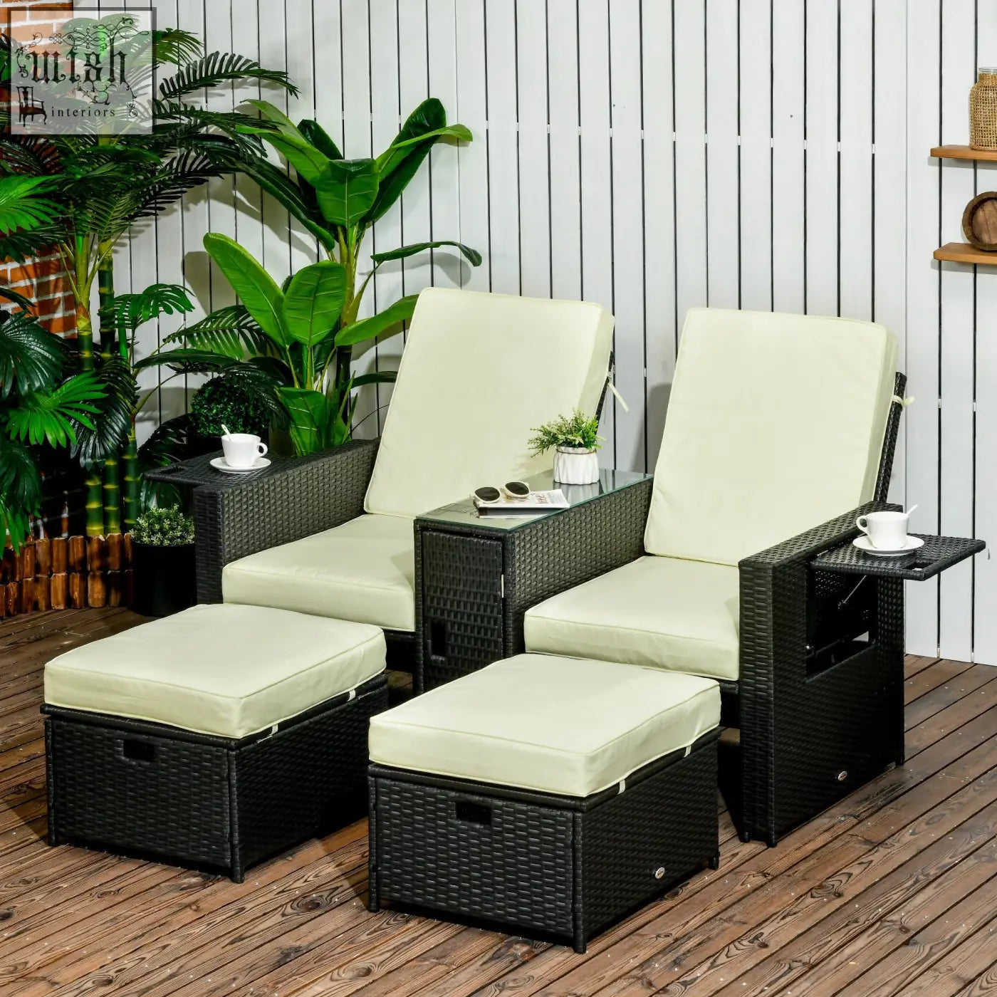 Black wicker Outsunny 5pc patio lounge set with two reclining chairs, two storage footstools, and tempered glass-top table
