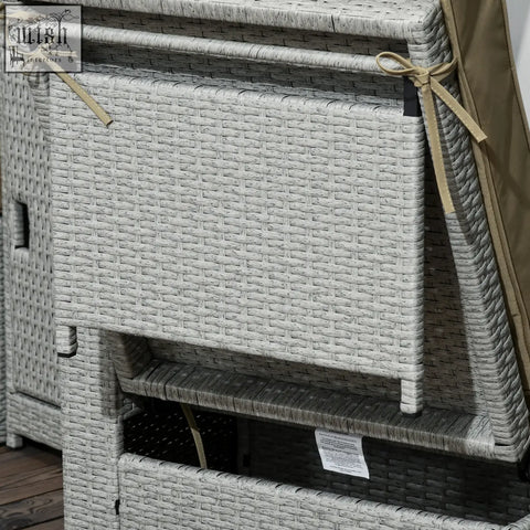 Gray woven wicker outdoor lounge chair with beige fabric ties part of outsunny 5pc pe rattan sun lounger set with two reclining chairs and two storage footstools