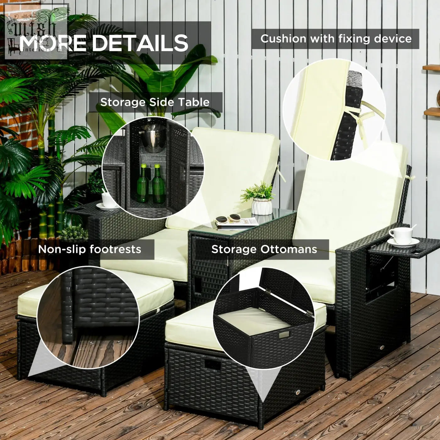 Outsunny 5pc black pe rattan sun lounger with cream cushions two reclining chairs two storage footstools and tempered glass-top table