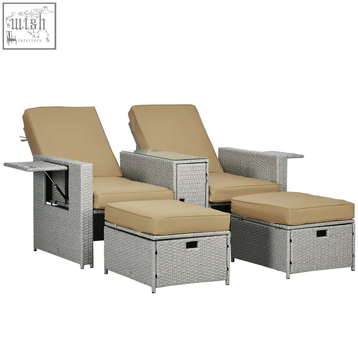 Outsunny 5pc silver woven wicker outdoor lounge set with two reclining chairs two storage footstools and beige cushions