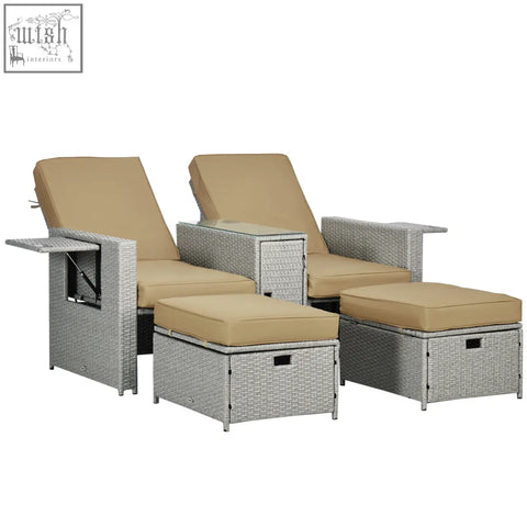 Outsunny 5pc silver woven wicker outdoor lounge set with two reclining chairs two storage footstools and beige cushions