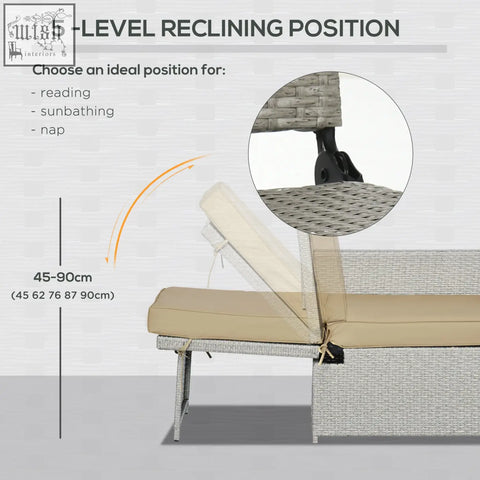 Gray woven wicker outdoor reclining lounge chair with beige cushion and 5-level adjustable position for patio use