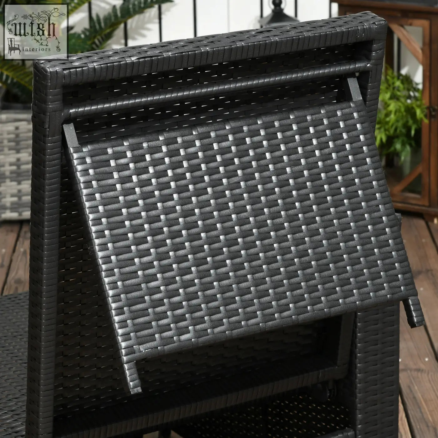 Black wicker outdoor chair with woven texture and foldable backrest in outsunny 5pc rattan sun lounger set with two reclining chairs two storage footstools and tempered glass-top table