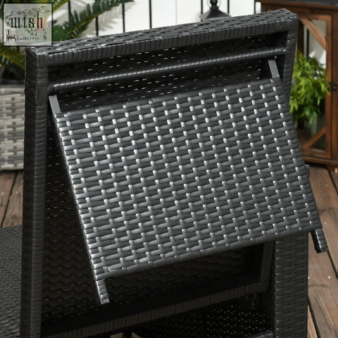 Black wicker outdoor chair with woven texture and foldable backrest in outsunny 5pc rattan sun lounger set with two reclining chairs two storage footstools and tempered glass-top table