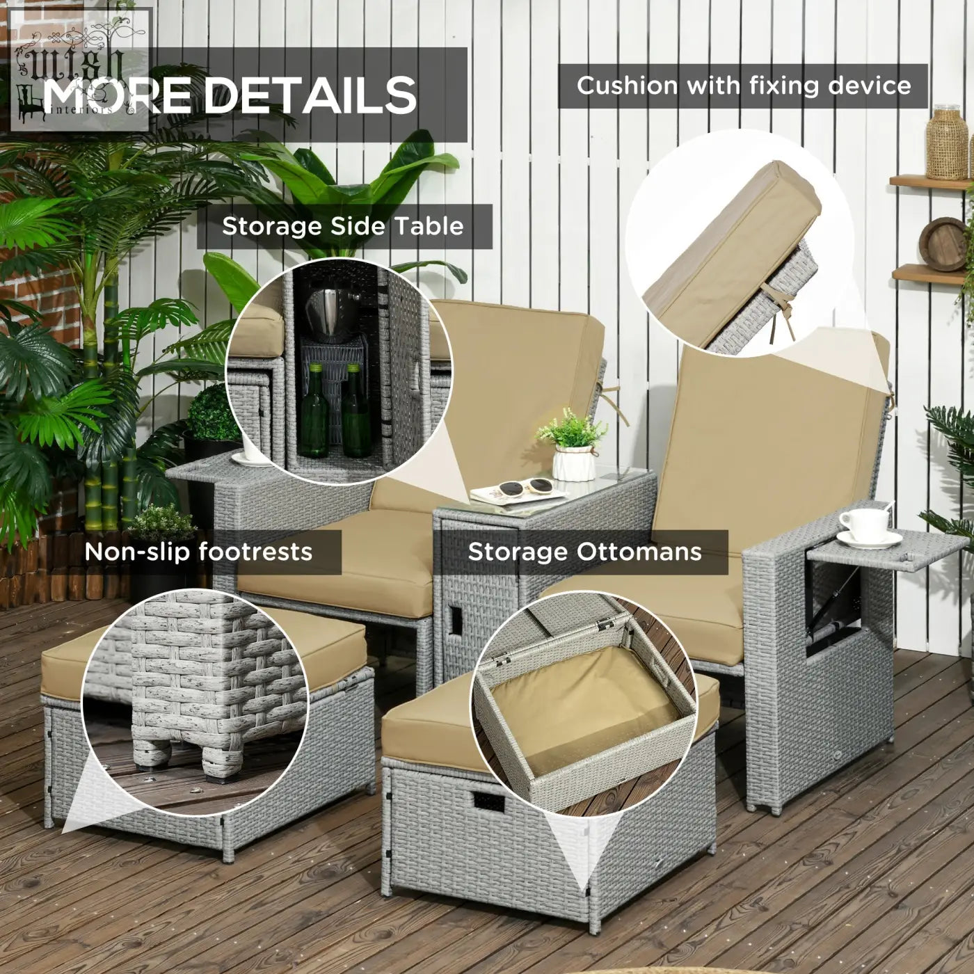 Gray woven wicker patio lounge set with beige cushions featuring two reclining chairs and two storage footstools by Outsunny