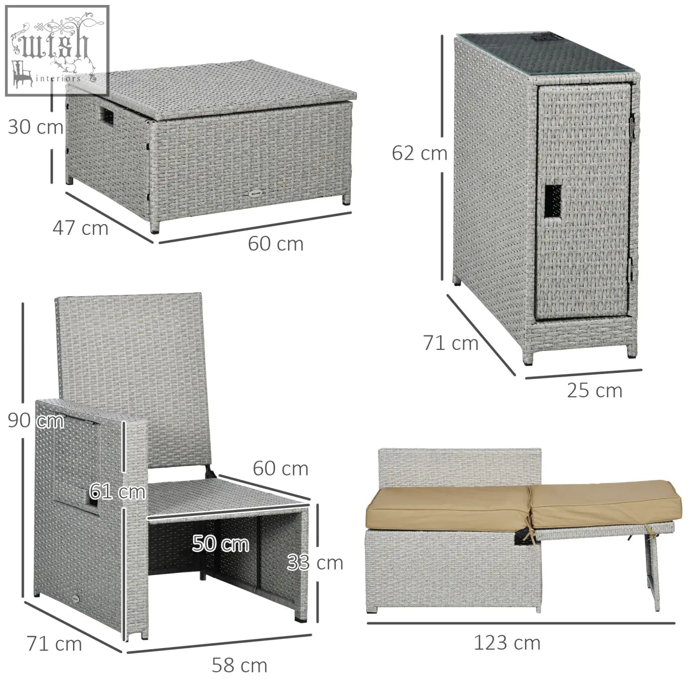 Gray woven wicker outsunny 5pc outdoor furniture set with two reclining chairs and two storage footstools for patio use