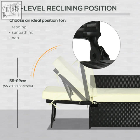 Outsunny black wicker outdoor recliner with cream cushion and five adjustable positions with two storage footstools and glass table