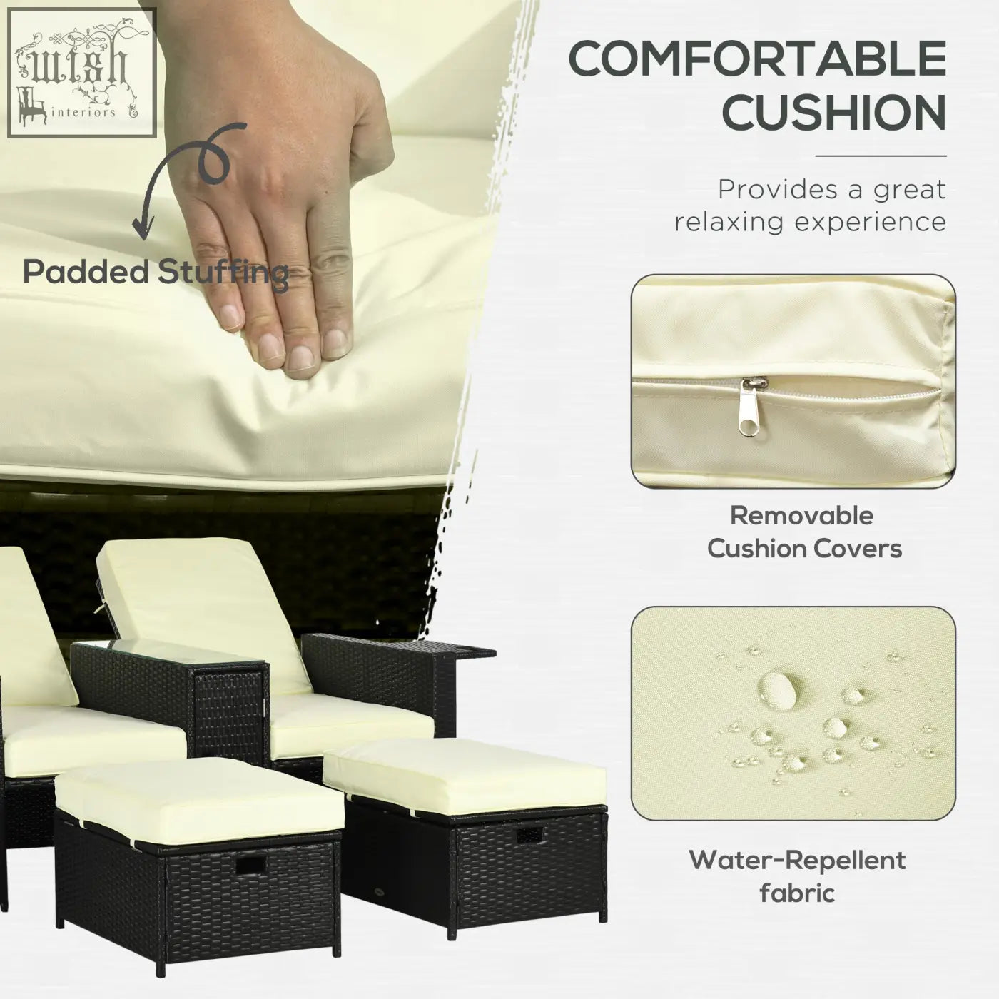 Cream-colored cushions with removable covers on two reclining chairs and two storage footstools of outsunny rattan set with tempered glass-top table