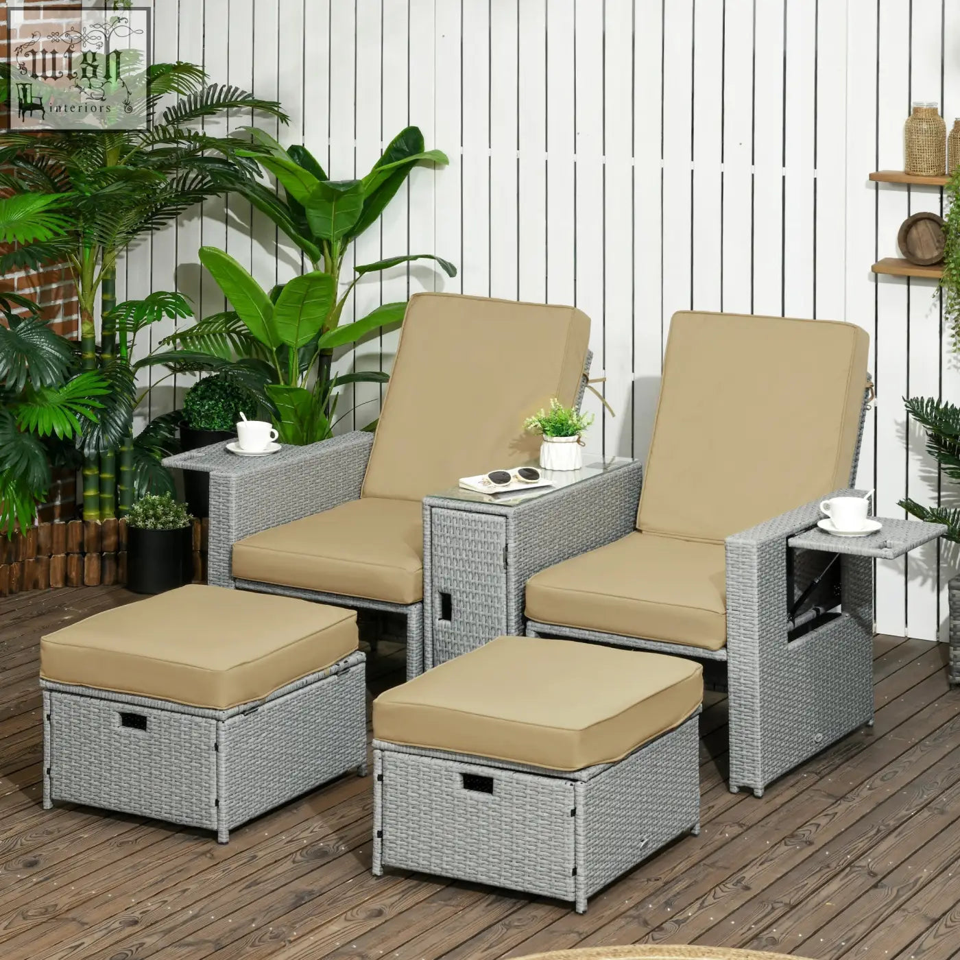Gray wicker outdoor lounge set with two reclining chairs beige cushions two storage footstools and side tables
