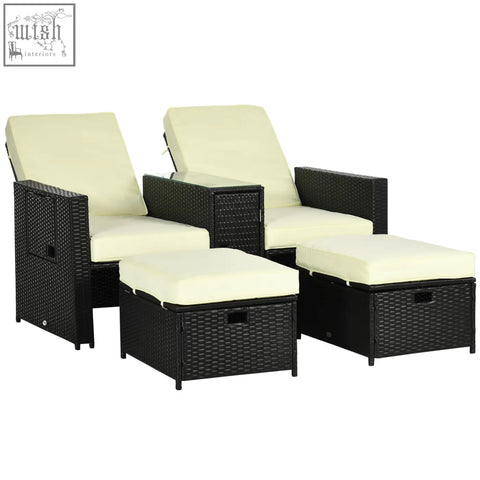 Outsunny 5pc black wicker outdoor lounge set with two reclining chairs two storage footstools and tempered glass-top table
