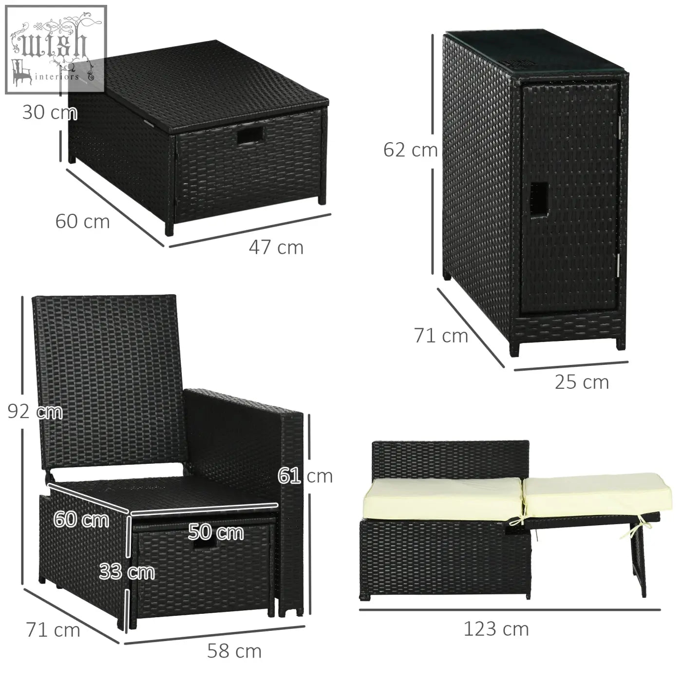 Outsunny black wicker outdoor furniture set includes two reclining chairs two storage footstools and tempered glass-top table