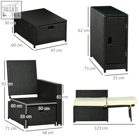 Outsunny black wicker outdoor furniture set includes two reclining chairs two storage footstools and tempered glass-top table