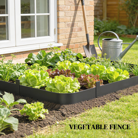 Black rectangular garden fence panels with raised edges made of flexible metal for no-dig installation by Outsunny