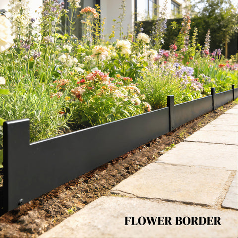 Black metal garden fence panels with a sleek flower border design perfect for flexible metal edging and keeping mulch