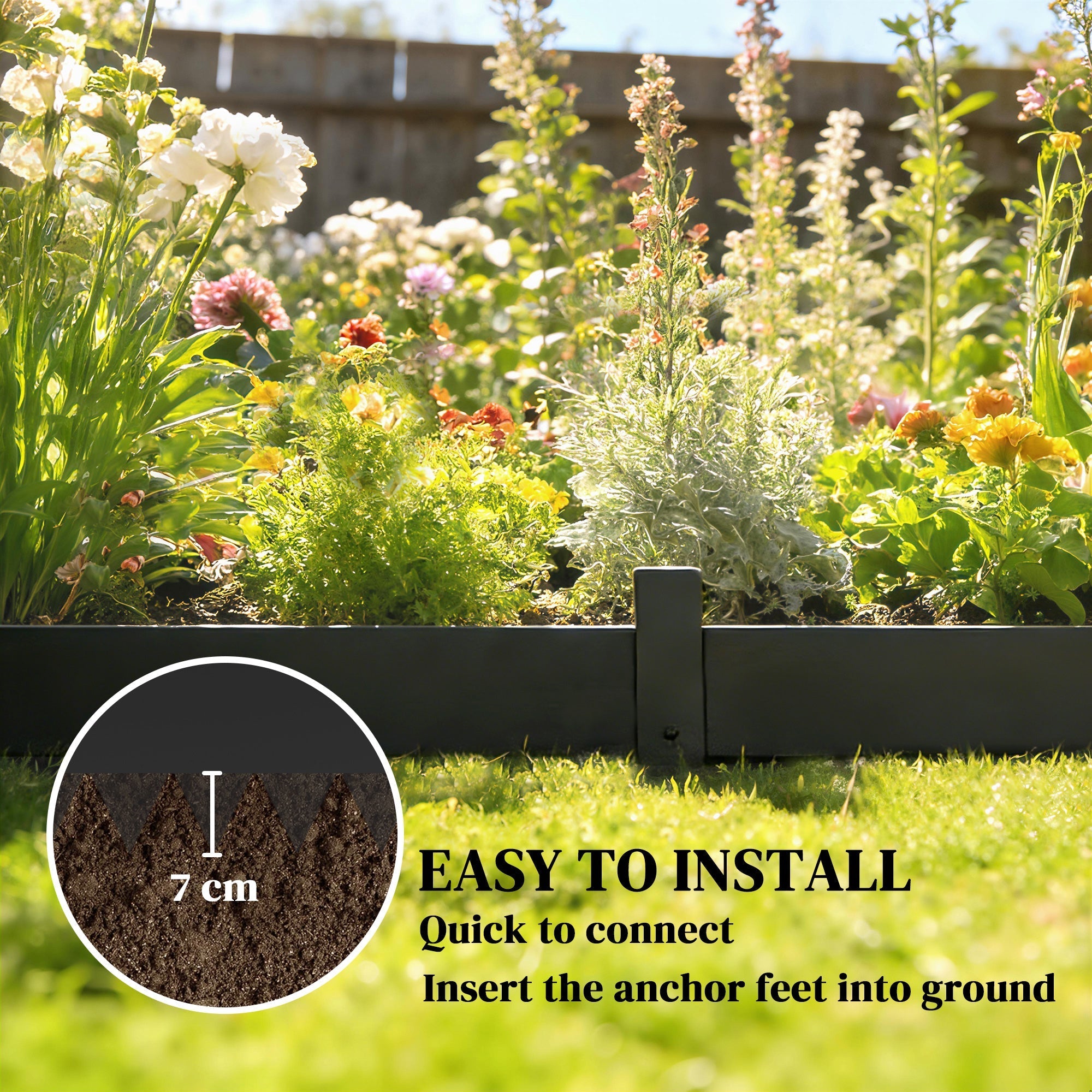 Black plastic garden bed border with anchor feet for easy no-dig installation in flexible metal garden fence panels