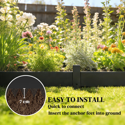 Black plastic garden bed border with anchor feet for easy no-dig installation in flexible metal garden fence panels