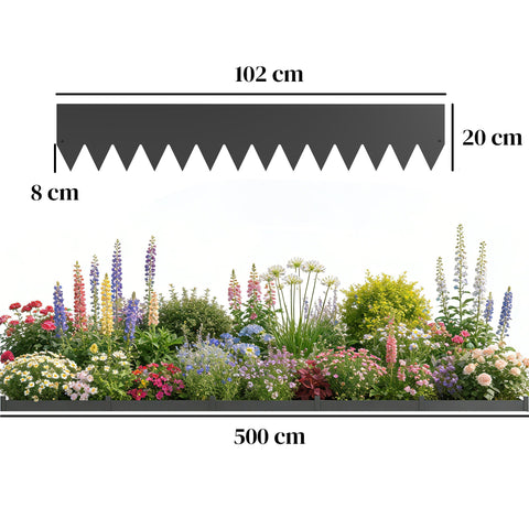 Black metal garden fence panel with serrated teeth 500 cm long 20 cm high flexible metal for no-dig installation