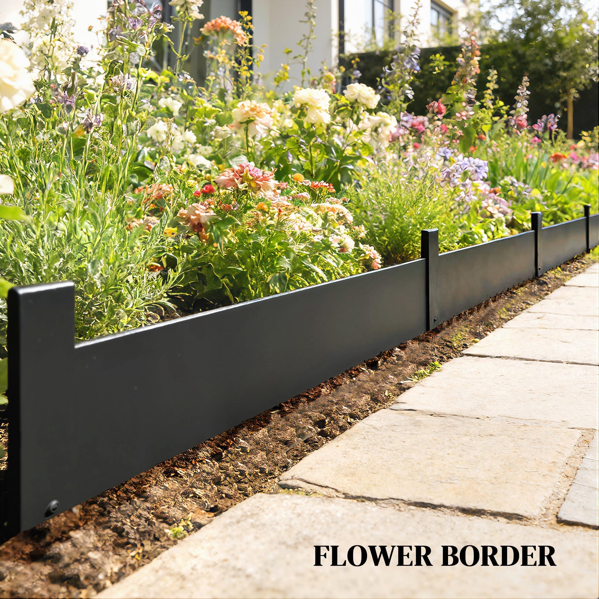 Black metal flower border garden fence panel with sleek modern design flexible metal no-dig installation easy use