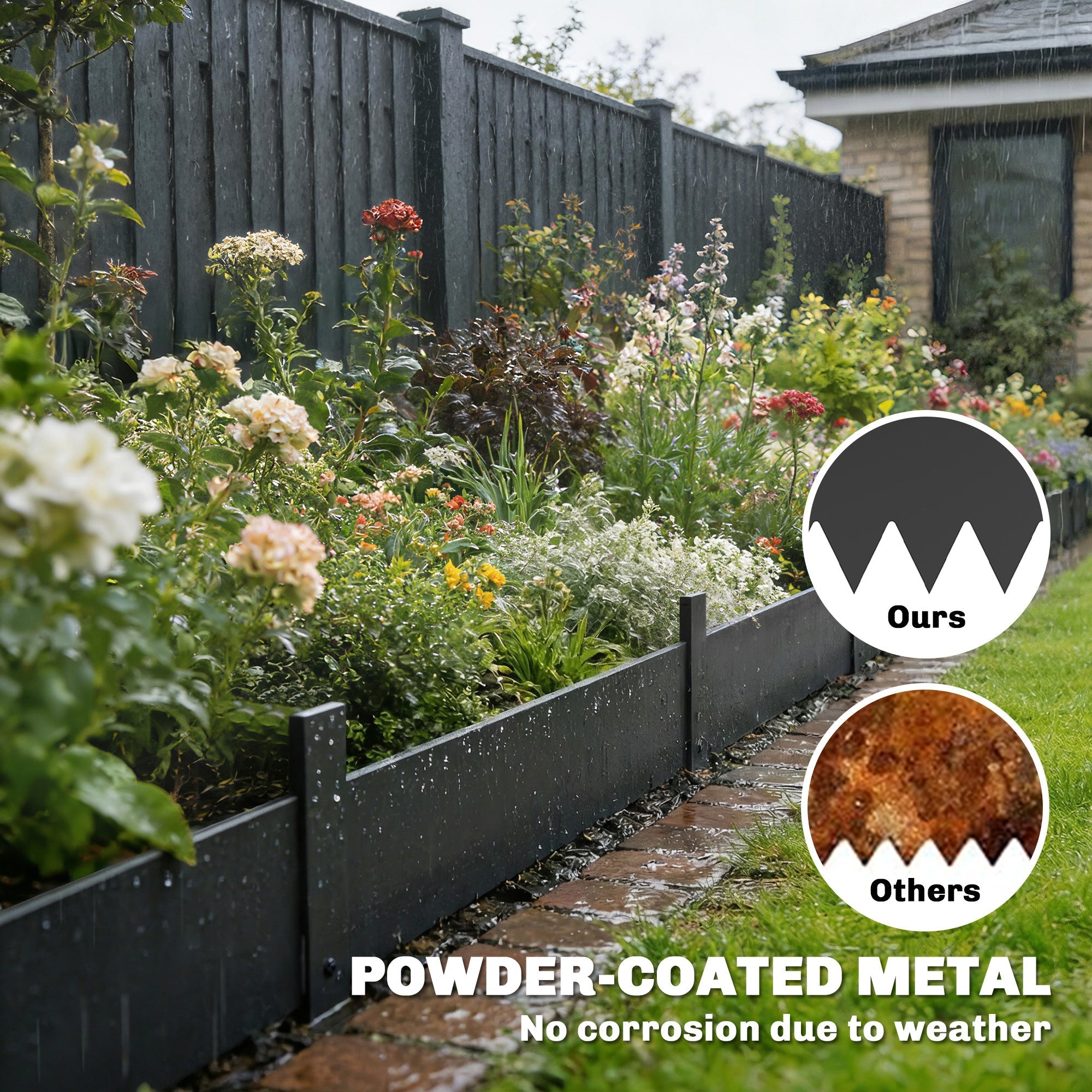 Outsunny black powder-coated metal garden fence with sharp edges flexible metal panels for no-dig installation