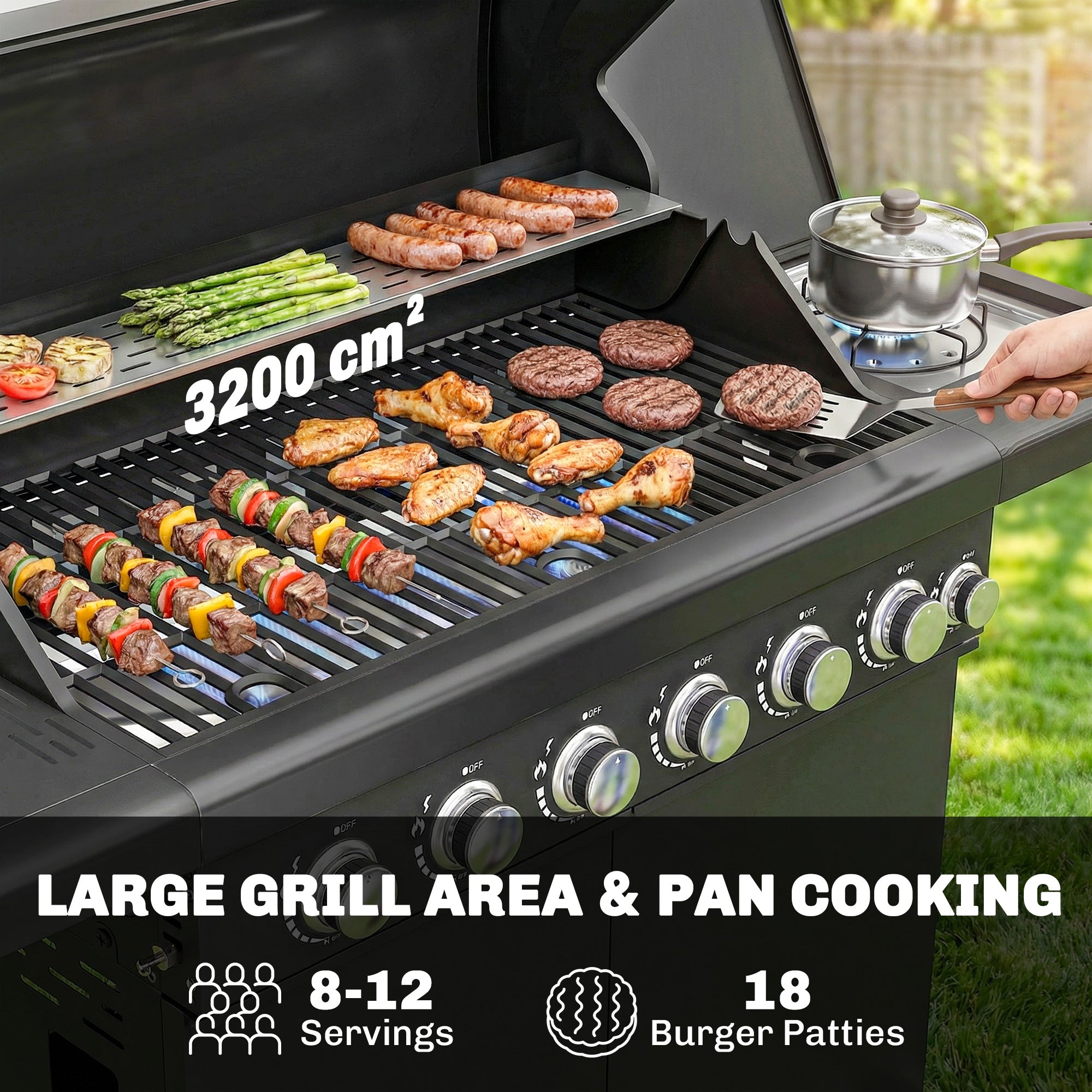 Outsunny black 6+1 burner gas bbq grill with 3200 cm² grill grate, warming rack, thermometer, and trolley wheels