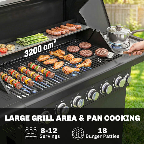 Outsunny black 6+1 burner gas bbq grill with 3200 cm² grill grate, warming rack, thermometer, and trolley wheels
