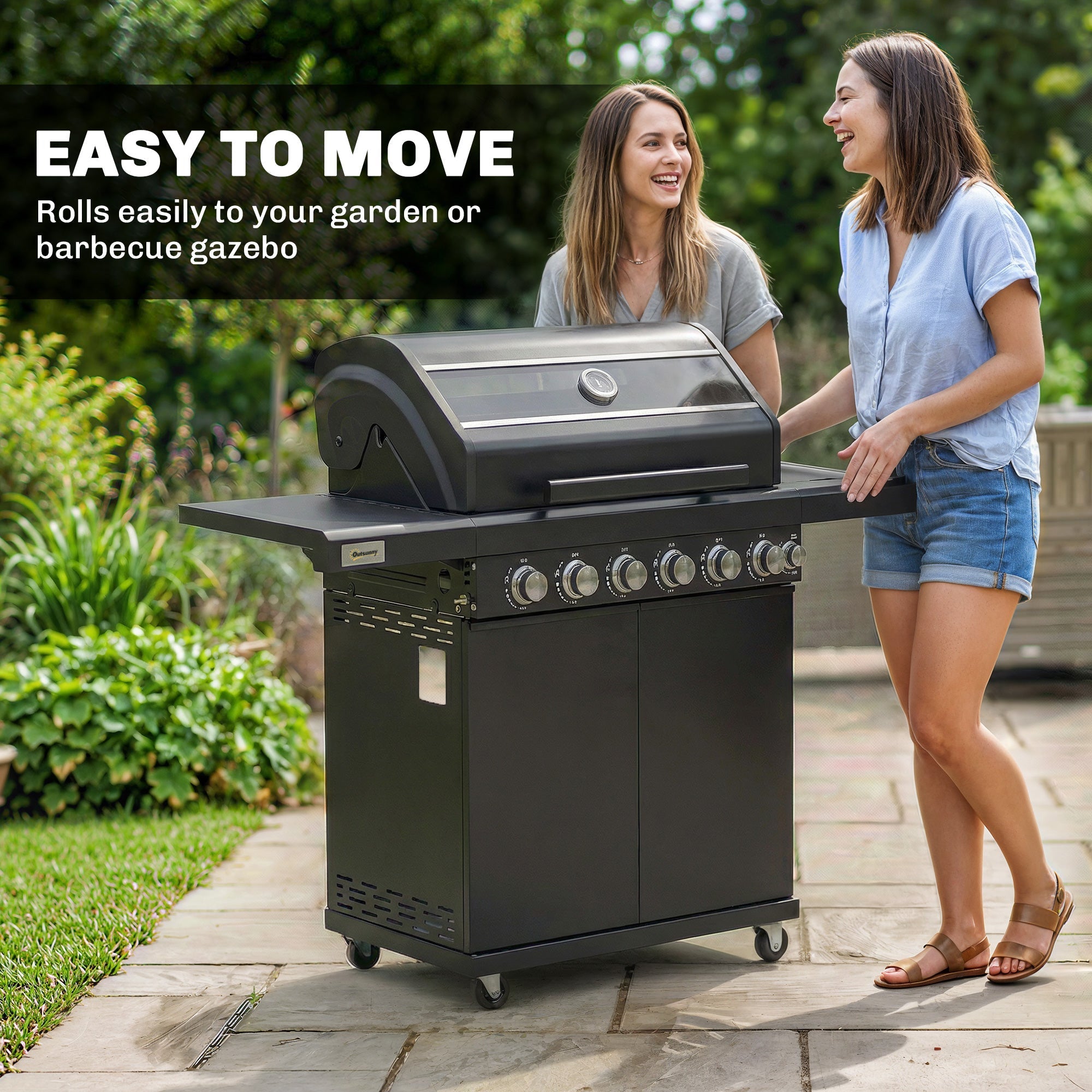 Black outsunny 6+1 burner gas bbq grill with silver knobs, warming rack, grill grate, thermometer, and wheels for outdoor use