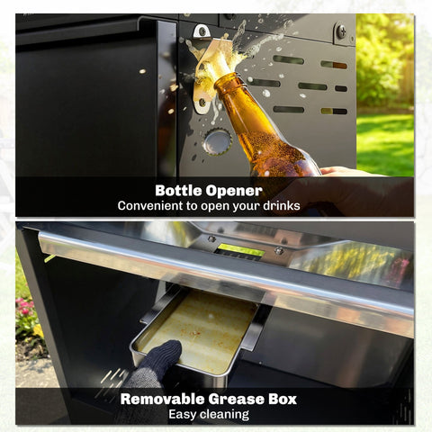 Stainless steel bottle opener mounted on black outsunny gas bbq grill with warming rack and grill grate for easy beer opening