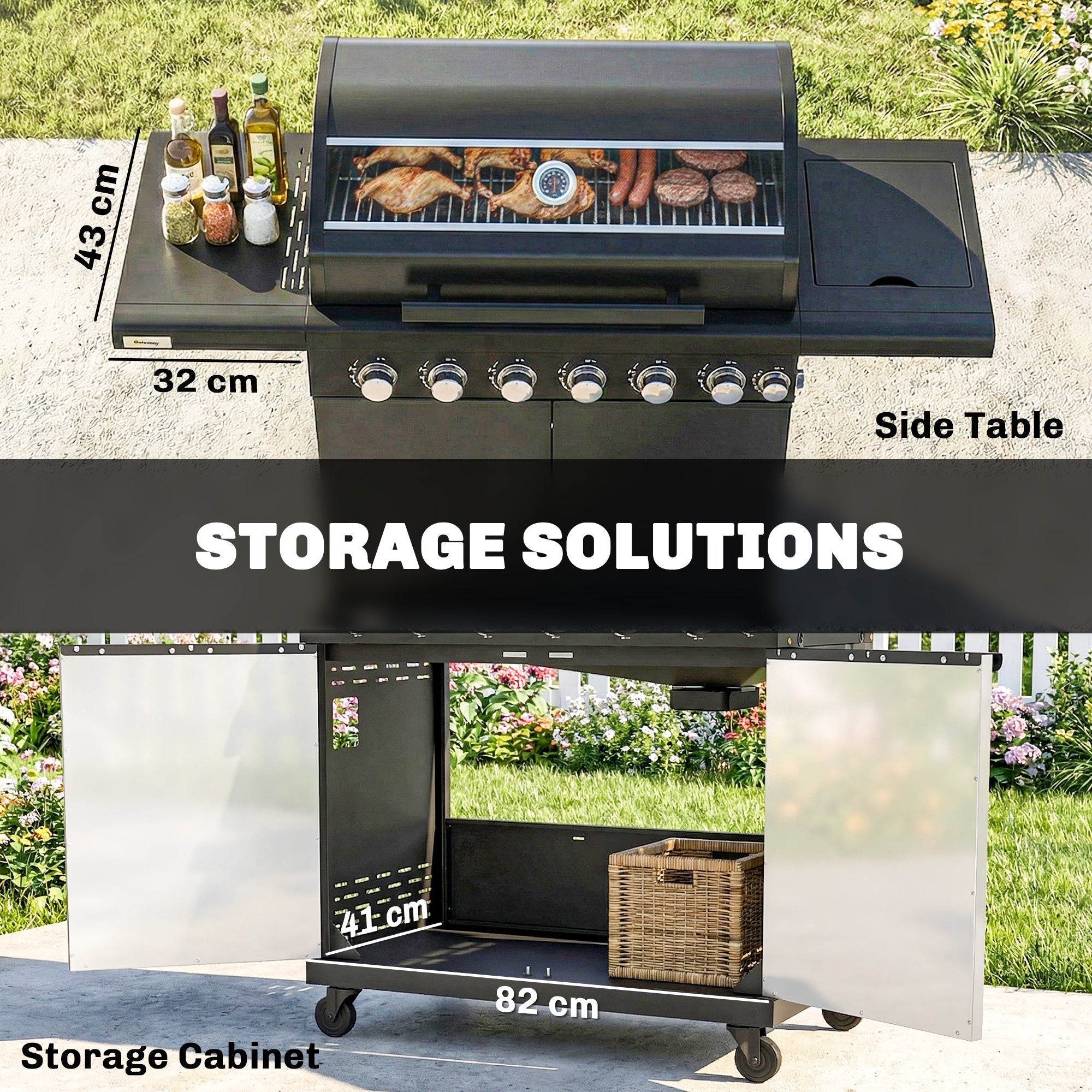 Black stainless steel outsunny 6 plus 1 burner gas bbq grill with warming rack grill grate side table and storage cabinet