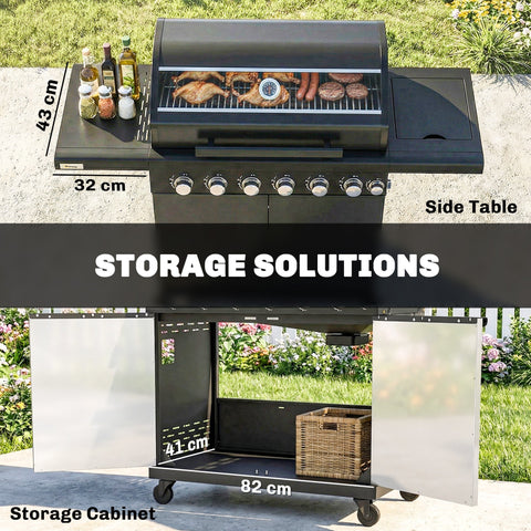 Black stainless steel outsunny 6 plus 1 burner gas bbq grill with warming rack grill grate side table and storage cabinet