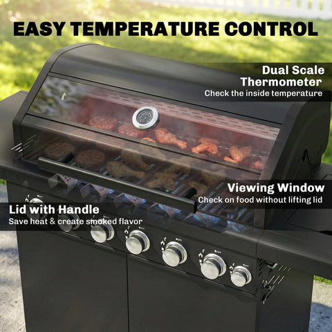 Outsunny black 6 plus 1 burner gas bbq grill with warming rack glass window dual scale thermometer and silver knobs