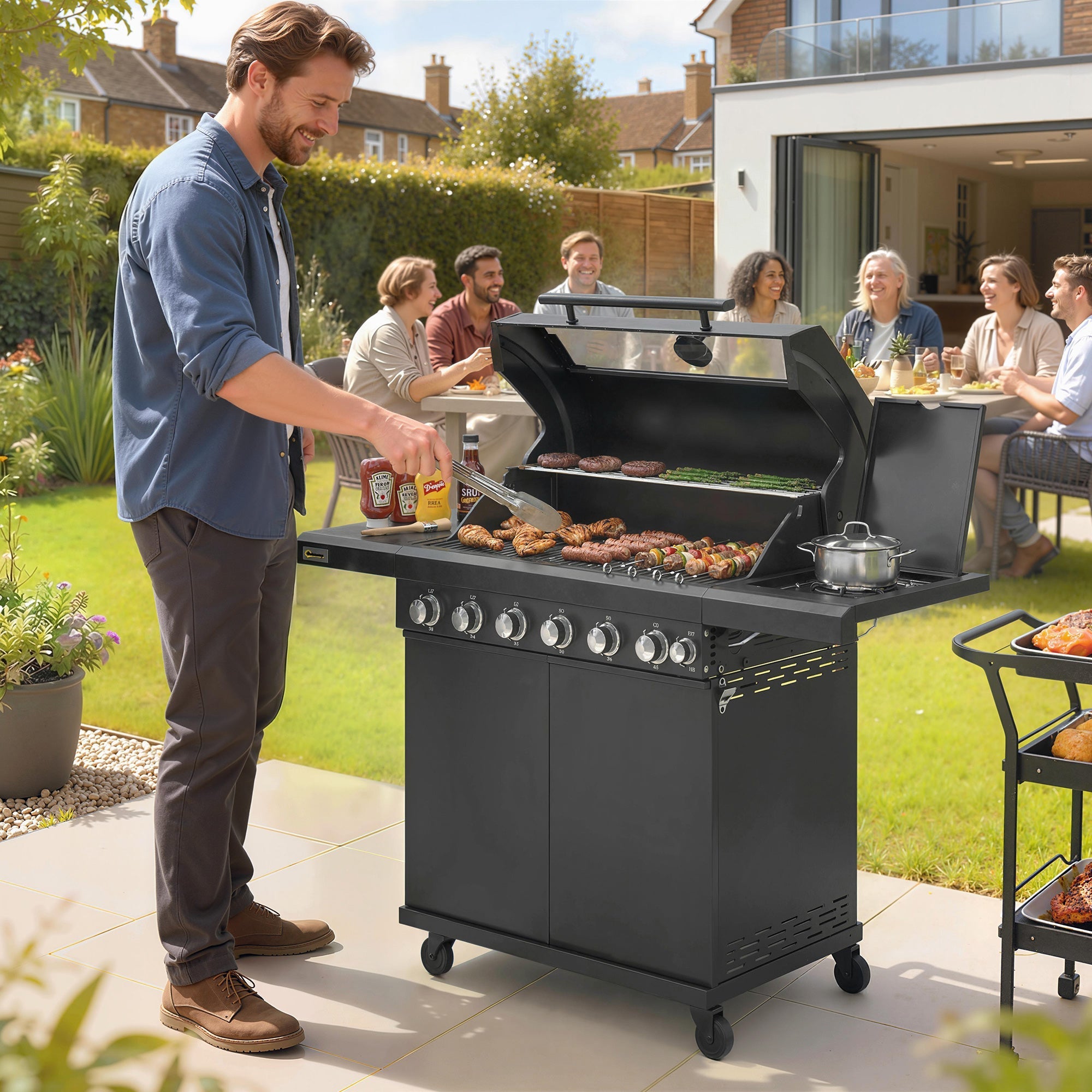 Black Outsunny 6 burner gas bbq grill with warming rack grill grate side shelves and wheels for outdoor use