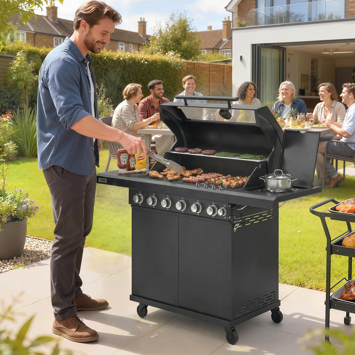 Black Outsunny 6 burner gas bbq grill with warming rack grill grate side shelves and wheels for outdoor use
