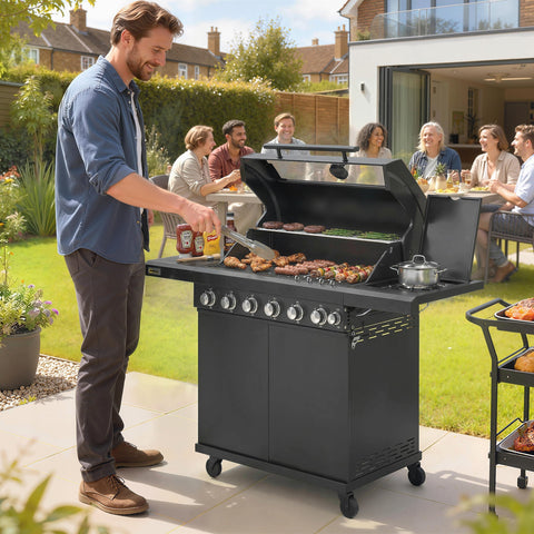 Black Outsunny 6 burner gas bbq grill with warming rack grill grate side shelves and wheels for outdoor use