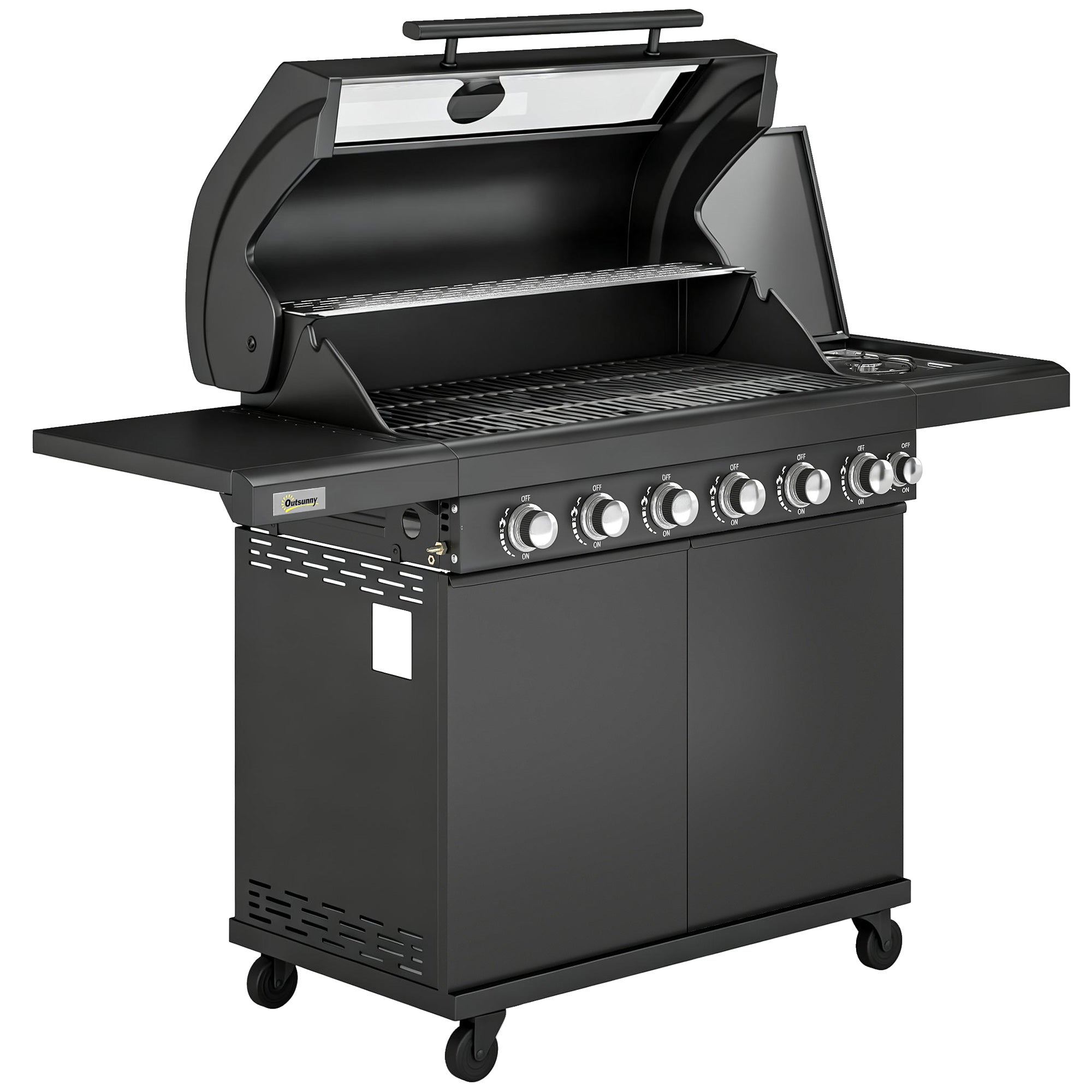 Black outsunny 6 burner gas bbq grill with six knobs warming rack grill grate thermometer and wheels for easy outdoor use